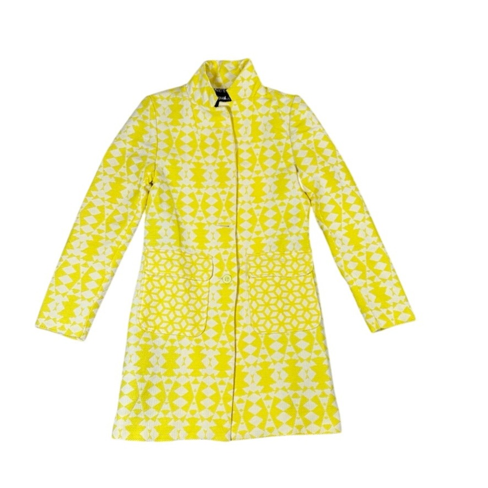 Desigual by L Yellow White Geometric Jacquard Funnel Neck Coat Size 36 61E2LB1